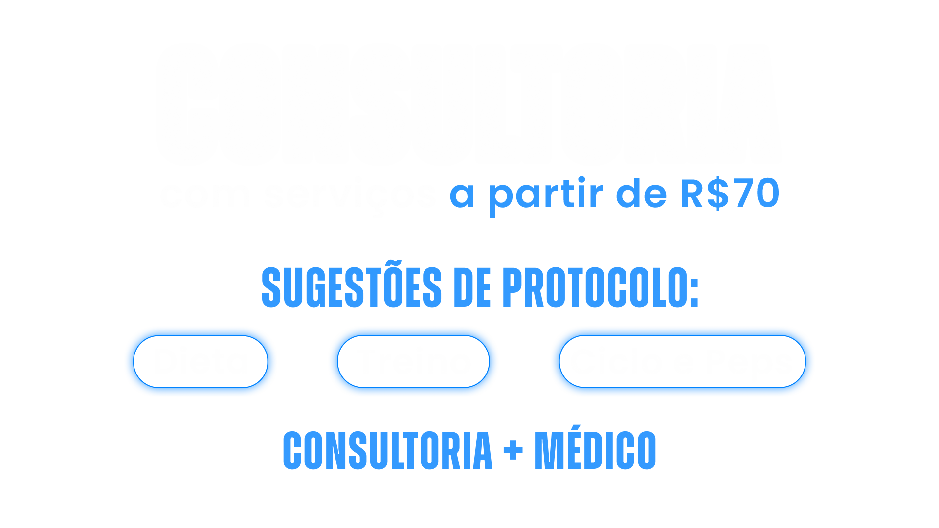 Consultoria com serviços a partir de R$ 70. Sugestões de protocolo para dieta, treino, ciclo e peptídeos. Consultoria com acompanhamento médico.