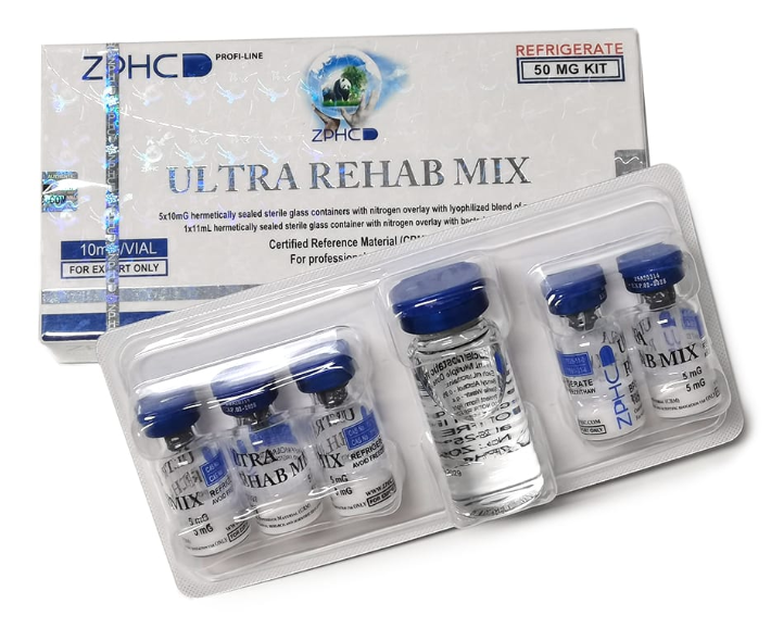 Ultra Rehab Mix ZPHC | 50 mg | Kit com 5 frascos de 10 mg | BPC-157 5 mg + TB-500 5 mg por frasco | Peptídeo Liofilizado para Reconstituição